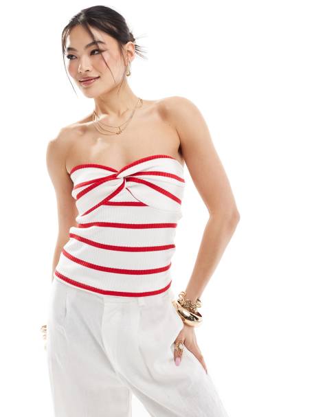 River Island - Bandeau-top med knude foran og røde striber - view 1