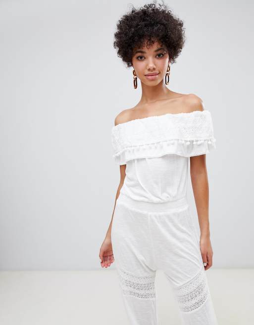 River Island bardot beach jumpsuit with frill detail in white