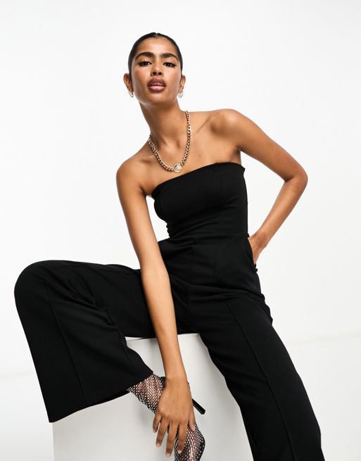Goldie Tall Woven Wool Bandeau Corset Jumpsuit in Black