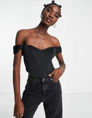 Stradivarius structured rib corset top in black