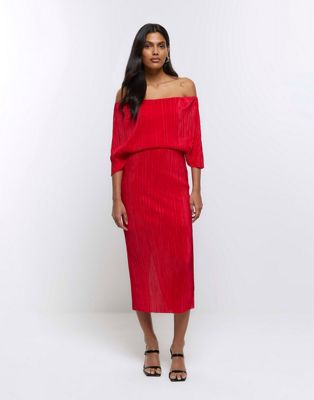 River Island Bardot drape plisse midi dress in red - ASOS Price Checker