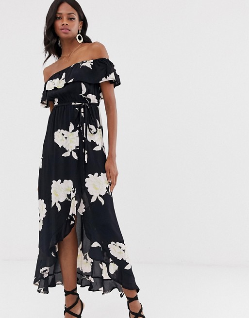River Island bardot dress with tie waist in floral print
