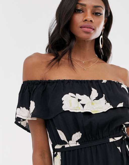 River Island bardot dress with tie waist in floral print | ASOS
