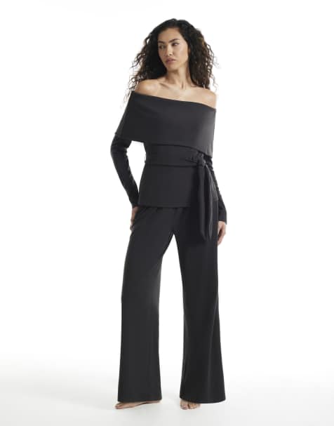 River Island Bardot jersey wide leg trouser set in black - view 1