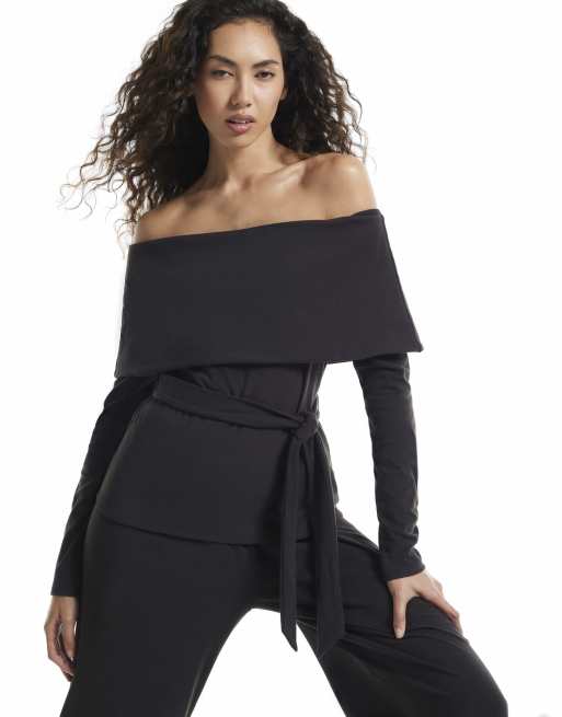 River Island Bardot jersey wide leg trouser set in black, 3 of 4