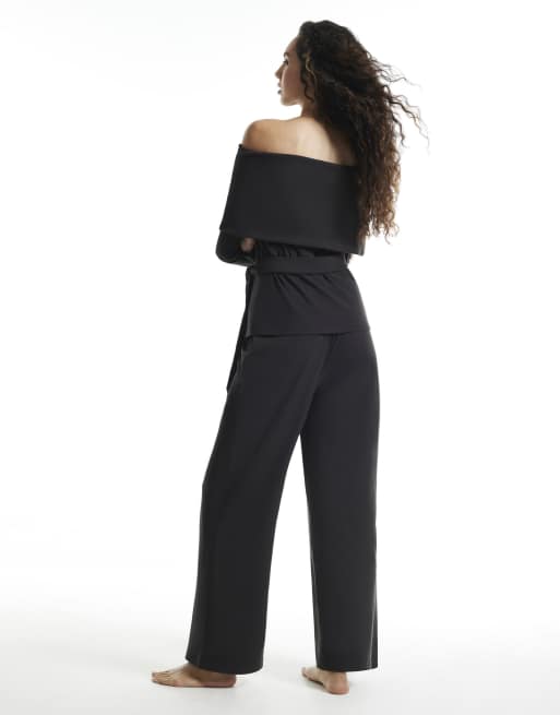 River Island Bardot jersey wide leg trouser set in black, 4 of 4