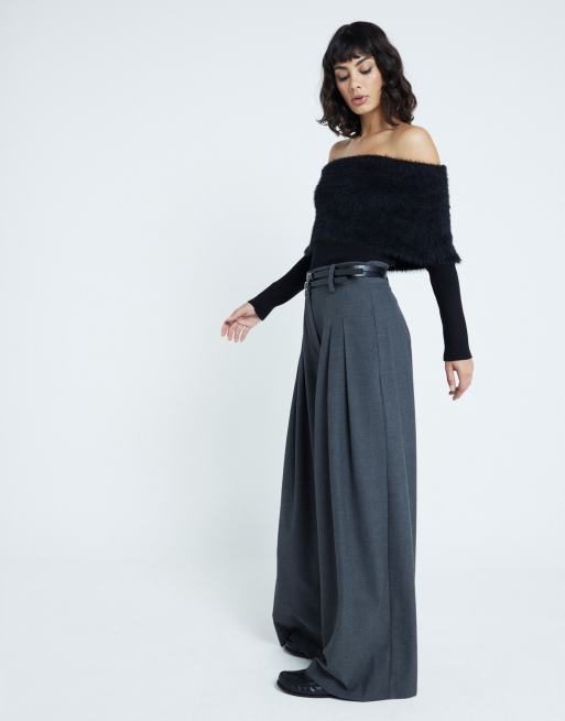 River Island bardot jumper with fluff detail in Black