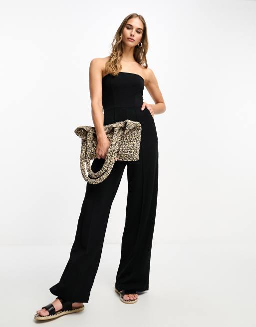 River Island - Bardot-jumpsuit met korsetdetail in zwart