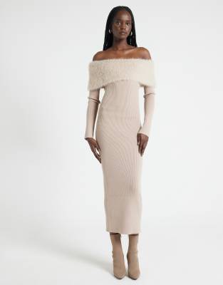 River Island River Island bardot knitted midi dress with fluff detail in mink-Neutral