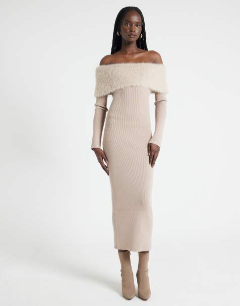 River Island bardot knitted midi dress with fluff detail in mink - view 1