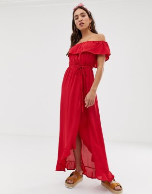 river island red bardot maxi dress