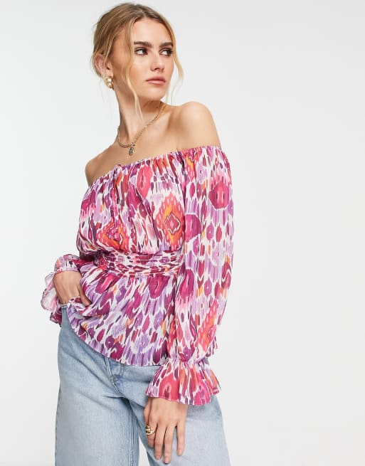 River Island – Bardot-Oberteil in Rosa mit gesmokter Taille