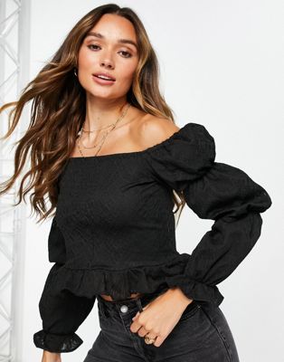 River Island bardot ruched sleeve lace blouse in black - ASOS Price Checker