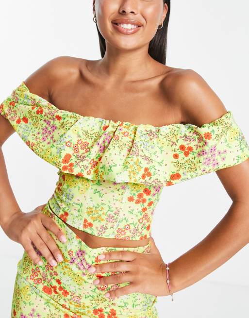 Green Floral Crop Top - One-Shoulder Crop Top - Ruffled Crop Top