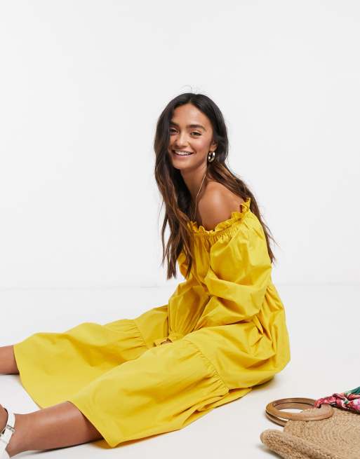 River Island bardot tiered midi poplin dress in yellow | ASOS