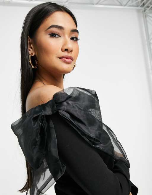 River Island bardot top with organza bows in black, 2 of 4