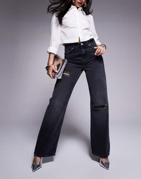 River Island barrel leg jean with embellished detail in black - view 1