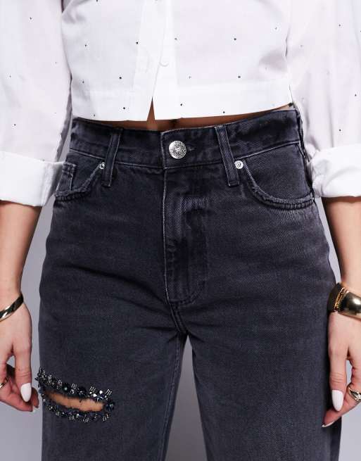 River Island barrel leg jeans with embellished detail in black, 4 of 5