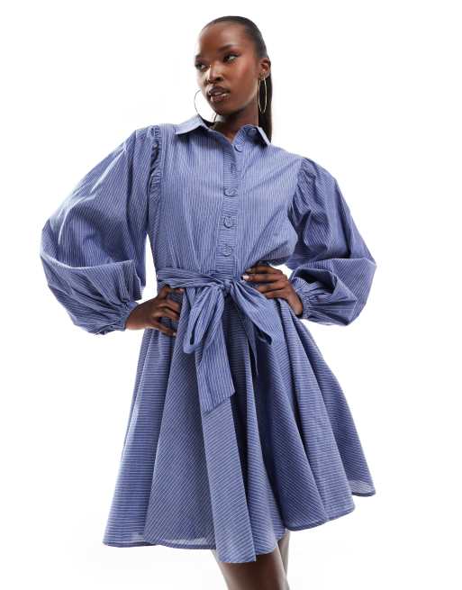 River Island batwing belted shirt dress in blue ASOS