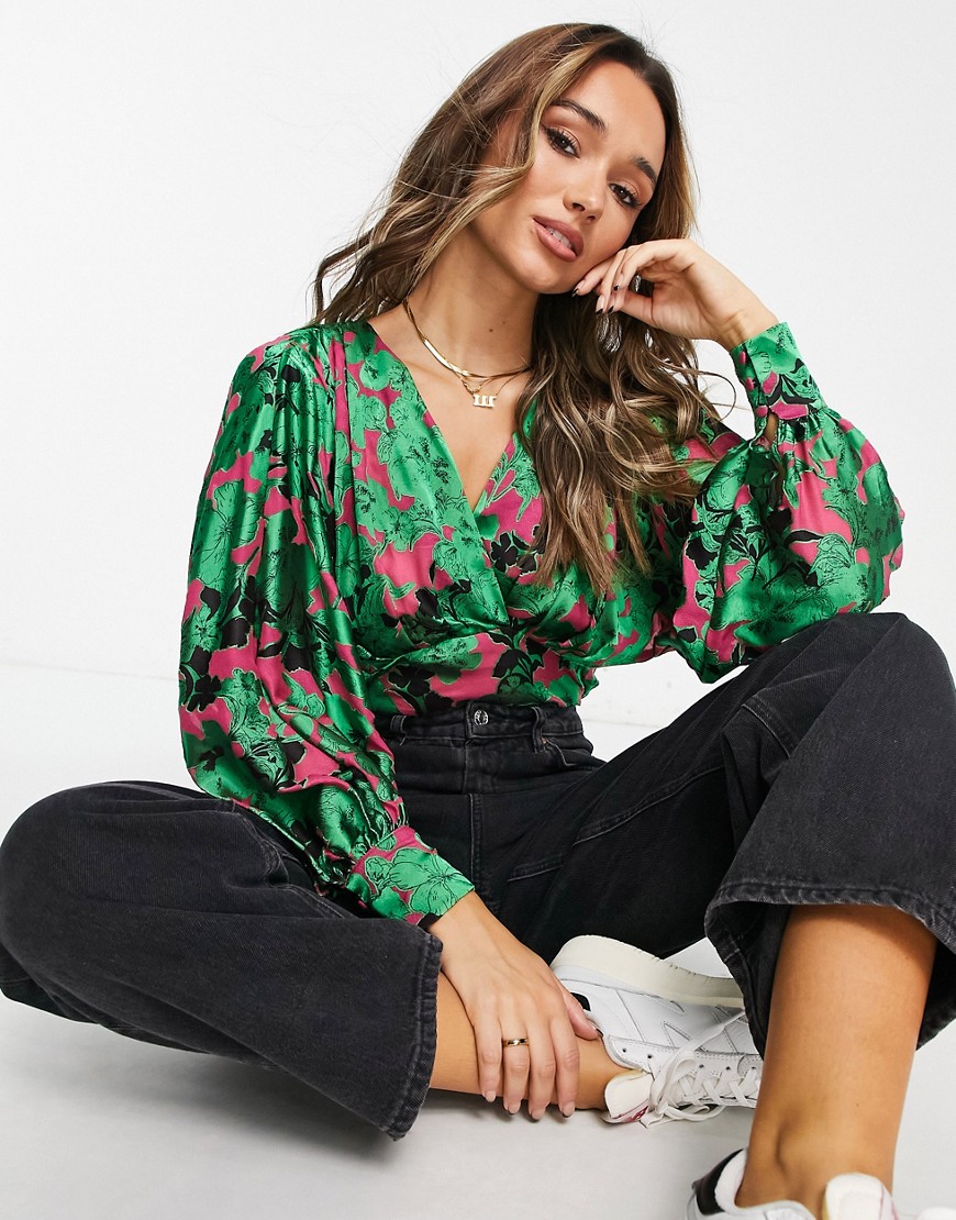River Island batwing bodysuit in green floral print