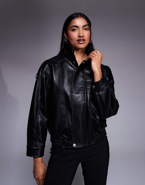 River Island batwing sleeve funnel neck faux leather jacket in black