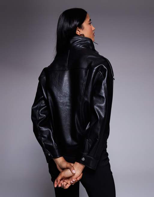 River Island batwing sleeve funnel neck faux leather jacket in black