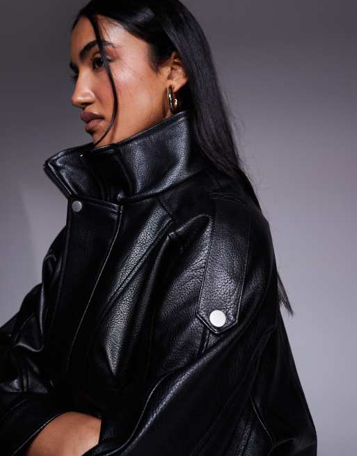 River Island batwing sleeve funnel neck faux leather jacket in black