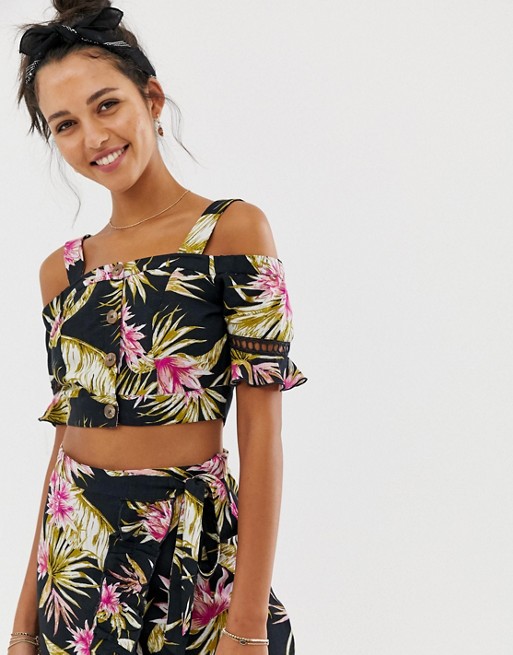 River Island beach crop top with cold shoulder in tropical