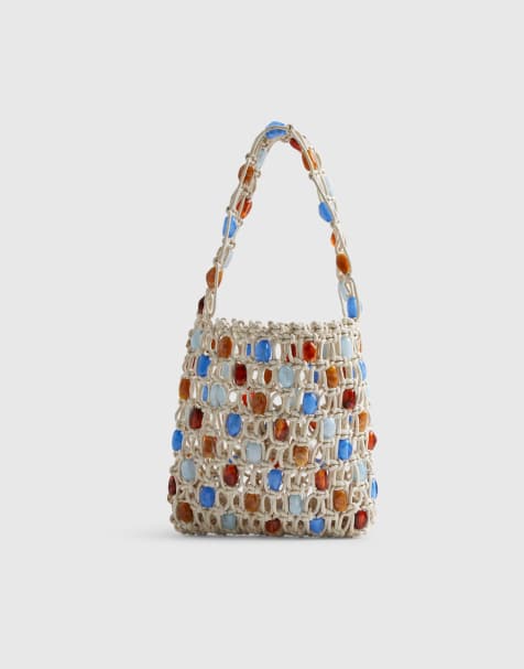 River Island Beaded 3d flower rope bag in cream - view 1