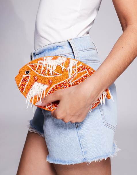 River Island beaded fish bag in orange - view 1