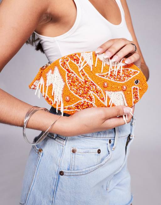 River Island beaded fish bag in orange