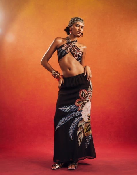 River Island Beaded floral maxi skirt in black