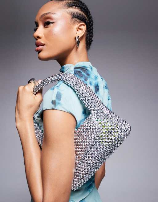 River Island beaded metallic clutch bag in silver