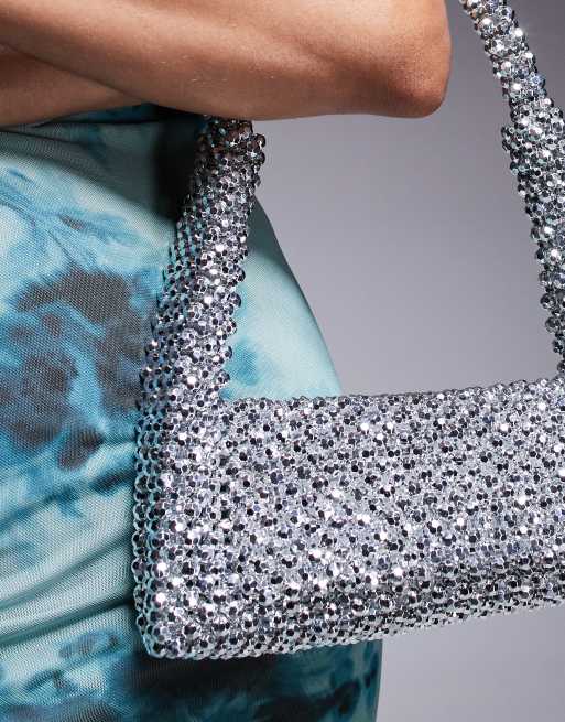 River Island beaded metallic clutch bag in silver
