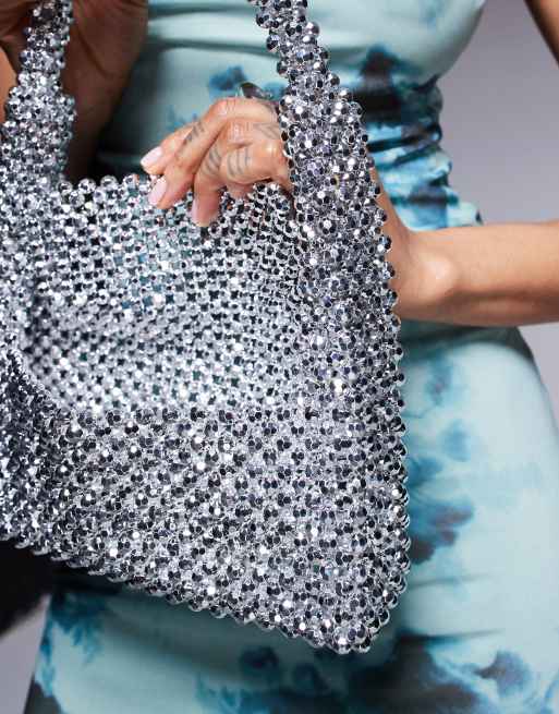 River Island beaded metallic clutch bag in silver