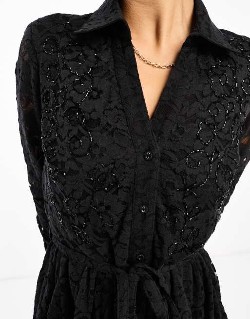 River Island beaded shirt dress in black