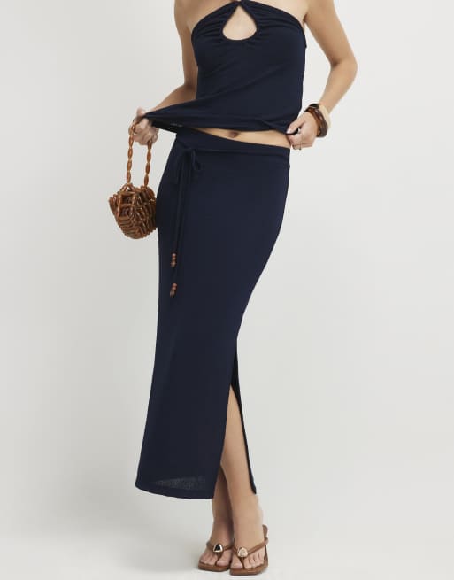 River Island Beaded tie midi skirt in navy, 3 of 4