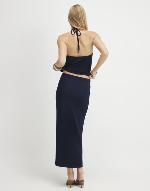 River Island Beaded tie midi skirt in navy, 4 of 4