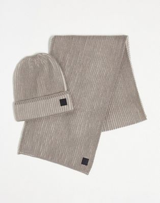 River Island beanie and scarf gift set in stone