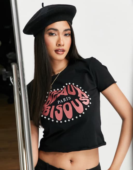 Black graphic store crop top