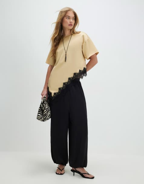 River Island Beige asymmetric lace satin t-shirt in stone