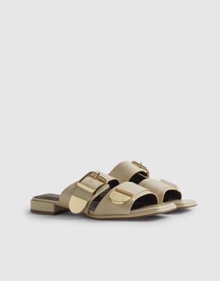 River Island Beige buckled flat sandals in cream-White