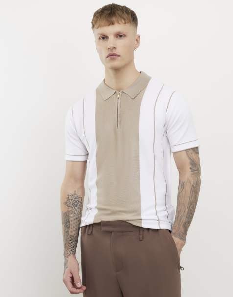 River Island Beige colour blocked stripe polo shirt in stone - view 1