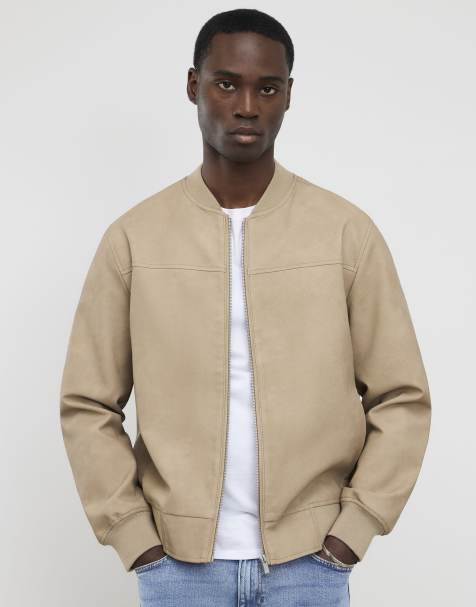 River Island Beige faux leather bomber jacket in stone - light - view 1