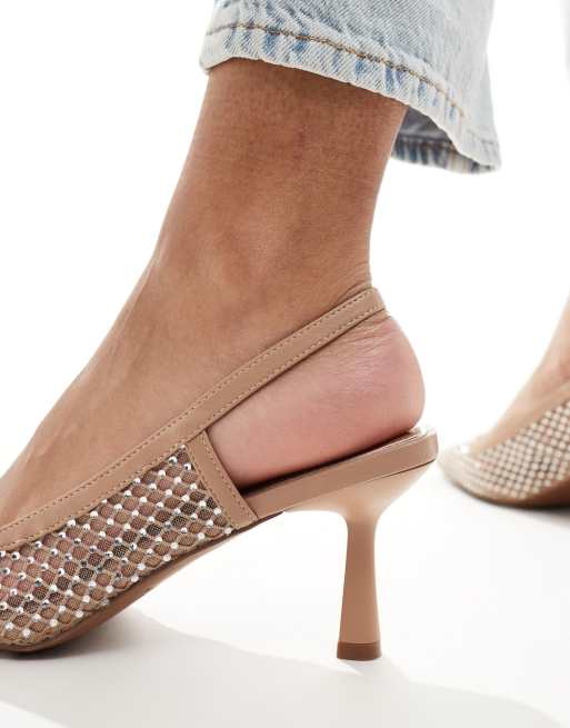 River Island - Beige højhælede slingback-sko i mesh med rhinsten, 3 af 4