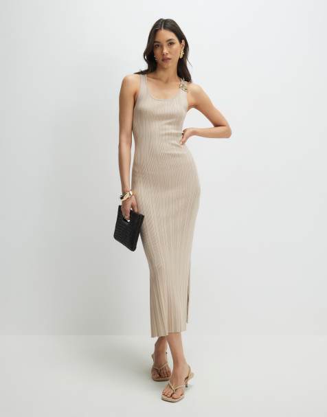 River Island Beige knitted ribbed midi dress in stone - view 1
