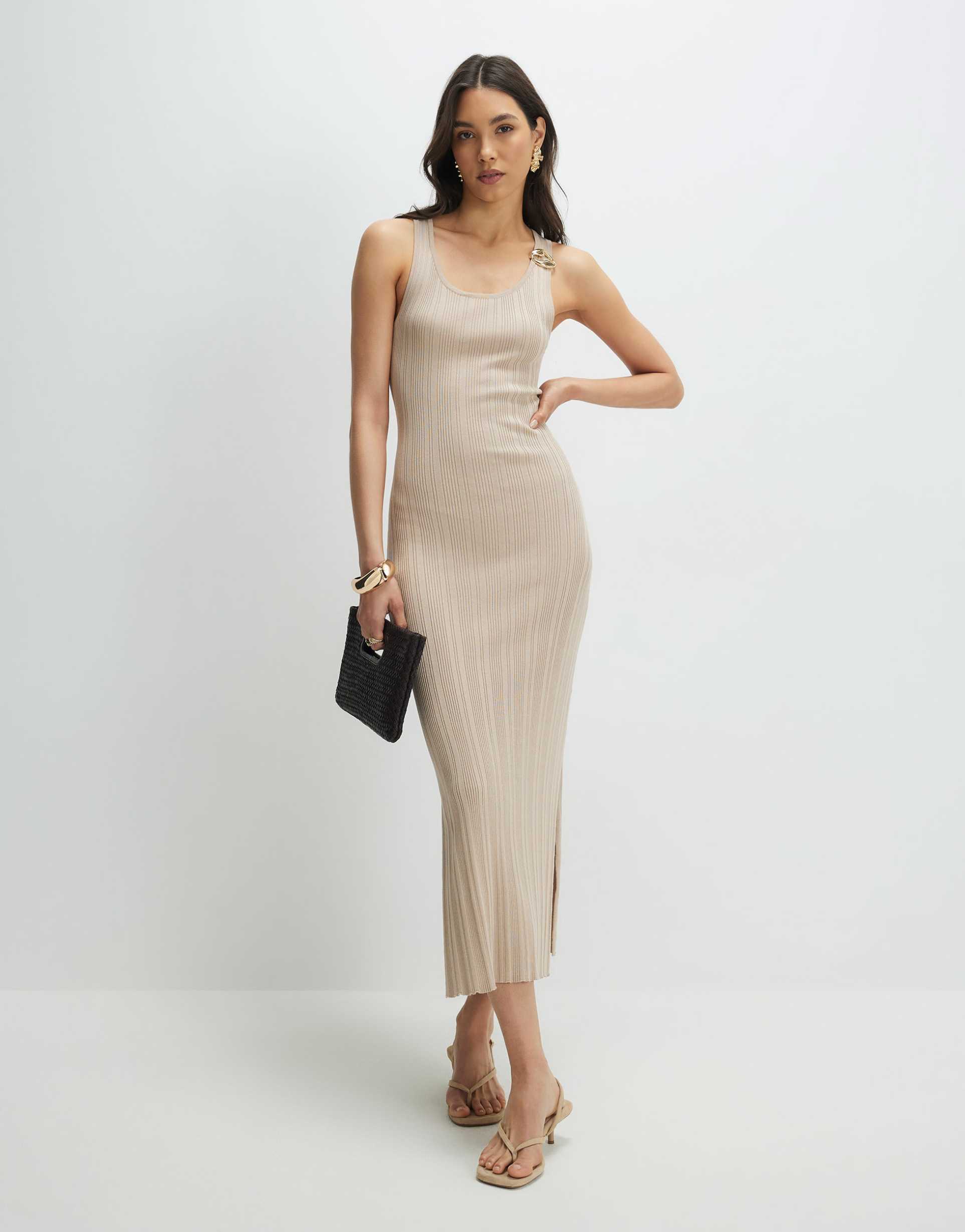 river island beige knitted ribbed midi dress in stone