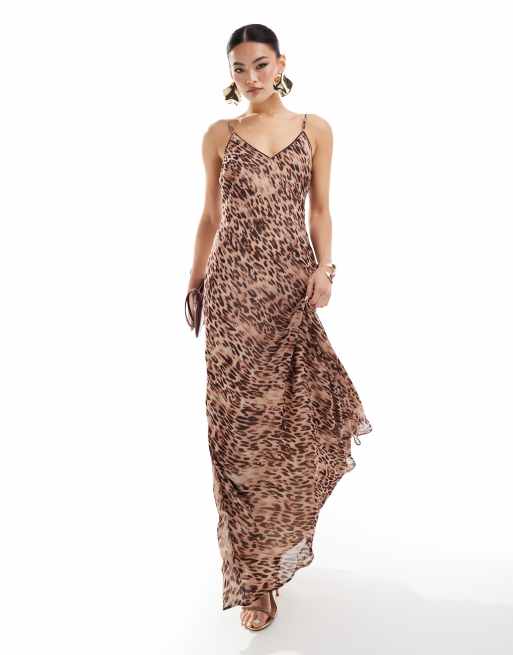 River Island – Beige, leopardmönstrad slipklänning i maxilängd 