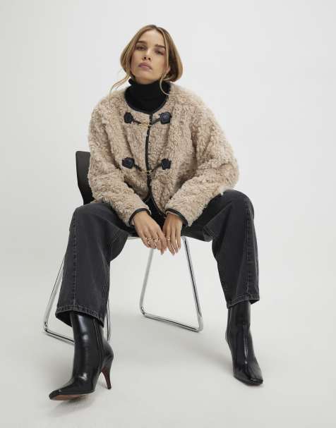 River Island Beige long sleeve tipped borg duffle coat in cream - view 1