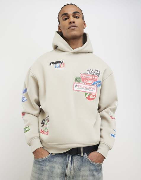 River Island Beige oversized fit multi badging hoodie in stone - view 1